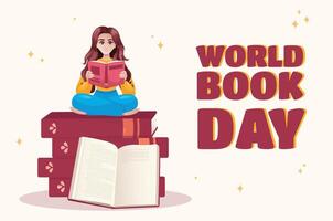 linda niña con un libro se sienta en libros. linda ilustración para mundo libro día celebracion vector