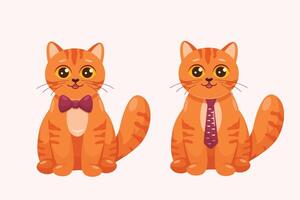 Vector cute red tabby cat with bow tie sitting cartoon vector icon flat illustration animal nature icon concept isolated