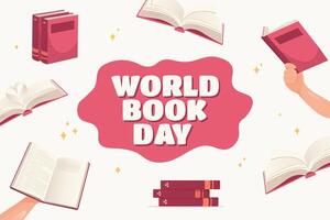 vector hand drawn world book day background.World Book Day banner. Many different hands hold open books on a light background. Reading people, books. Hand drawn flat vector illustration.