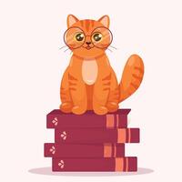 World Book Day, cute cat with glasses sitting on books. Vector cute funny nerd orange ginger cat with glasses. pet cartoon drawing vector