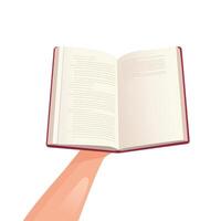 Vector open book in a human hand. Reading hobby concept. Vector book in hands. World Book Day