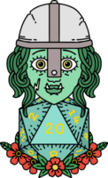 Retro Tattoo Style half orc fighter character with natural twenty dice roll png