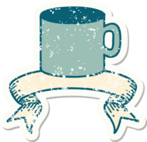 worn old sticker with banner of cup of coffee png