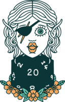 Retro Tattoo Style elf rogue character with natural twenty dice roll png