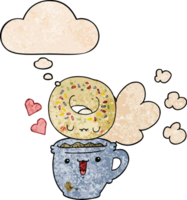 cute cartoon donut and coffee with thought bubble in grunge texture style png