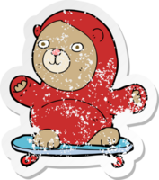 retro distressed sticker of a cartoon bear on skateboard png