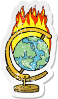 retro distressed sticker of a cartoon burning globe png