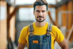 ai generado confidente joven hombre en amarillo camisa y azul mono, con un bien arreglado barba, soportes a un construcción sitio. foto