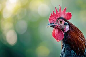 ai generado un detallado de cerca de un gallo con un vibrante rojo peine y zarzo, conjunto en contra un suave verde bokeh antecedentes foto