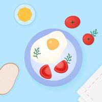 Healthy morning meal with an egg, tomatoes, orange juice, piece of bread on the table. Cute flat breakfast top view. Vector flat illustration in bright colors.