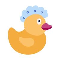 Cute yellow bath duck with a bubble on the head. Handdrawn doodle of duck toy for playing during taking a shower and bathe. Simple funny clipart in cartoon flat style isolated on white vector