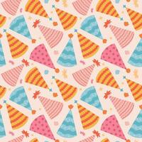 Cute seamless pattern with birthday party hats in groovy style. Childish design with holiday caps for wrapping paper, prints, background, fabric, scrapbook. Bright holiday digital paper for kids. vector