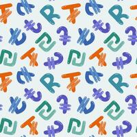 Playful simple seamless pattern with different international currency symbols. Bright background with hand drawn doodle of money signs in naive style for wrapping paper, background, fabric, scrapbook. vector