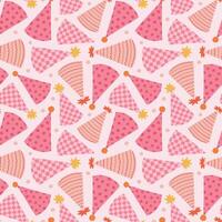 Cute seamless pattern with birthday party hats in groovy style. Childish design with holiday caps for wrapping paper, prints, background, fabric, scrapbook. Bright holiday digital paper for kids. vector