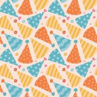 Cute seamless pattern with birthday party hats in groovy style. Childish design with holiday caps for wrapping paper, prints, background, fabric, scrapbook. Bright holiday digital paper for kids. vector