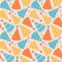 Cute seamless pattern with birthday party hats in groovy style. Childish design with holiday caps for wrapping paper, prints, background, fabric, scrapbook. Bright holiday digital paper for kids. vector