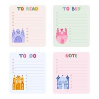 Cute scrapbook templates for planner notes, to do, to buy with fairy tale castles with towers of kings and queens. With printable, editable illustrations. For school and university schedule vector