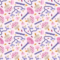 Cute utensil seamless pattern with doodle in bright color. Romantic print with colorful pottery, hand-made ceramics, various cute candlesticks. Cool pink print for wrapping paper, fabric, wallpaper. vector