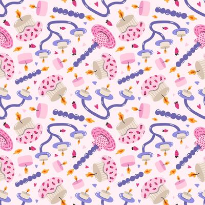 Cute utensil seamless pattern with doodle in bright color. Romantic print with colorful pottery, hand-made ceramics, various cute candlesticks. Cool pink print for wrapping paper, fabric, wallpaper.