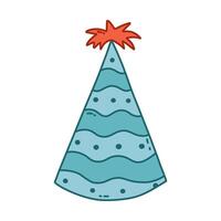 Birthday party hat in bright color with palm above. Party cone and Christmas cap with cute decoration. Simple vector colorful doodle with hand drawn outline isolated on white background