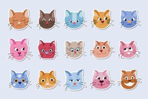 Set of stickers with cute cat faces for planner, notebook. Ready for print list of trendy stickers. Beautiful kitten with different emotions. Sad cat. Smiley face. Funny isolated vector illustration