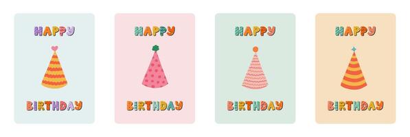 Set of cute postcard for Happy Birthday. Trendy and minimalistic posters with lettering and hand drawn illustration about birthday party, holiday, celebration, anniversary. Greeting card template vector