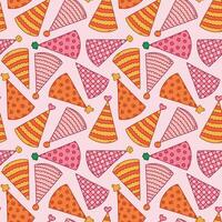 Cute seamless pattern with birthday party hats in groovy style. Childish design with holiday caps for wrapping paper, prints, background, fabric, scrapbook. Bright holiday digital paper for kids. vector