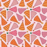 Cute seamless pattern with birthday party hats in groovy style. Childish design with holiday caps for wrapping paper, prints, background, fabric, scrapbook. Bright holiday digital paper for kids. vector