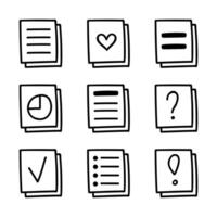 Set of business stickers. Notepad sticky sticker in hipster style with list, information, question mark, exclamation point header. Vector hand drawn doodle with outline. Cute business illustration.