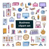 Big business set with colorful hand drawn clipart in doodle style. Vector illustrations isolated. Briefcase, lamp, money and finances, laptop, computer, planner, calendars, target, deadline, chart.