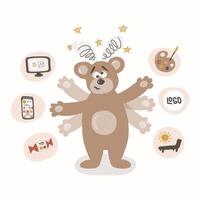Confused bear with dizzy head and nauseous because of multitasking and too many interests. Cute hand drawn wild animal character who wants to do many things at once vector