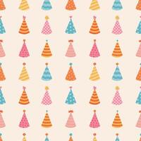 Cute seamless pattern with birthday party hats in groovy style. Childish design with holiday caps for wrapping paper, prints, background, fabric, scrapbook. Bright holiday digital paper for kids. vector