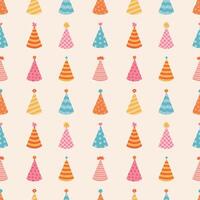 Cute seamless pattern with birthday party hats in groovy style. Childish design with holiday caps for wrapping paper, prints, background, fabric, scrapbook. Bright holiday digital paper for kids. vector