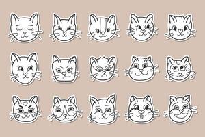 Set of stickers with cute cat faces for planner, notebook. Ready for print list of trendy stickers. Beautiful kitten with different emotions. Sad cat. Smiley face. Funny isolated vector illustration