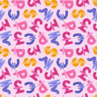 Playful simple seamless pattern with different international currency symbols. Bright background with hand drawn doodle of money signs in naive style for wrapping paper, background, fabric, scrapbook. vector