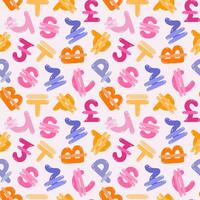Playful simple seamless pattern with different international currency symbols. Bright background with hand drawn doodle of money signs in naive style for wrapping paper, background, fabric, scrapbook. vector