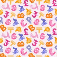 Playful simple seamless pattern with different international currency symbols. Bright background with hand drawn doodle of money signs in naive style for wrapping paper, background, fabric, scrapbook. vector