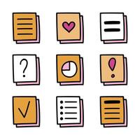 Set of business stickers. Notepad sticky sticker in hipster style with list, information, question mark, exclamation point header. Vector hand drawn doodle with outline. Cute business illustration.