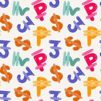 Playful simple seamless pattern with different international currency symbols. Bright background with hand drawn doodle of money signs in naive style for wrapping paper, background, fabric, scrapbook. vector