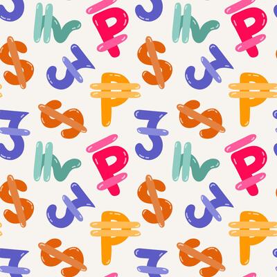 Playful simple seamless pattern with different international currency symbols. Bright background with hand drawn doodle of money signs in naive style for wrapping paper, background, fabric, scrapbook.