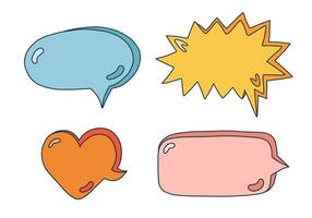 Hand drawn speech bubbles set. Empty online chat clouds in the different shapes. Oval, round, square, cloud, heart shaped bubbles for text, talk phrases, information. Colorful isolated doodles. vector