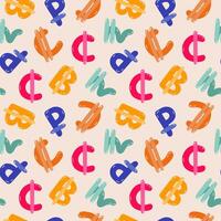 Playful simple seamless pattern with different international currency symbols. Bright background with hand drawn doodle of money signs in naive style for wrapping paper, background, fabric, scrapbook. vector
