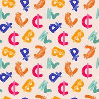 Playful simple seamless pattern with different international currency symbols. Bright background with hand drawn doodle of money signs in naive style for wrapping paper, background, fabric, scrapbook. vector