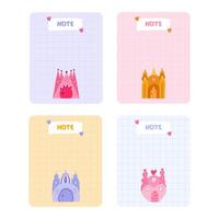 Cute scrapbook templates for planner notes, to do, to buy with fairy tale castles with towers of kings and queens. With printable, editable illustrations. For school and university schedule vector
