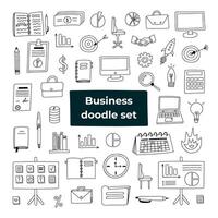 Big business set with colorful hand drawn clipart in doodle style. Vector illustrations isolated. Briefcase, lamp, money and finances, laptop, computer, planner, calendars, target, deadline, chart.