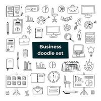 Big business set with colorful hand drawn clipart in doodle style. Vector illustrations isolated. Briefcase, lamp, money and finances, laptop, computer, planner, calendars, target, deadline, chart.