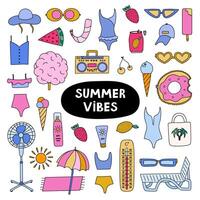 Big trendy set about summer holiday, tropical beach, hot weather, summer rest. Hand drawn vector vacation set in flat style. Isolated doodle and clipart. Seasonal drinks, entertainment, outfits