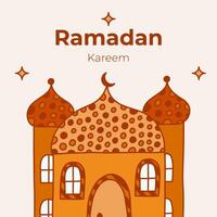 Poster for Ramadan Kareem in childish naive style. Islamic greeting card with mosque, moon crescent, stars in the sky. Template for banner, website design, media for Ramadan month events vector