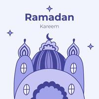 póster para Ramadán kareem en infantil ingenuo estilo. islámico saludo tarjeta con mezquita, Luna creciente, estrellas en el cielo. modelo para bandera, sitio web diseño, medios de comunicación para Ramadán mes eventos vector