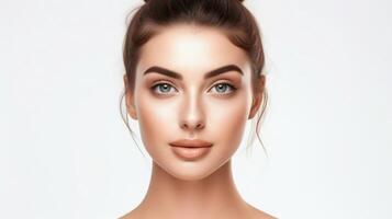 AI generated Studio portrait of a young, elegant woman with perfect makeup and a gentle smile on a white background photo